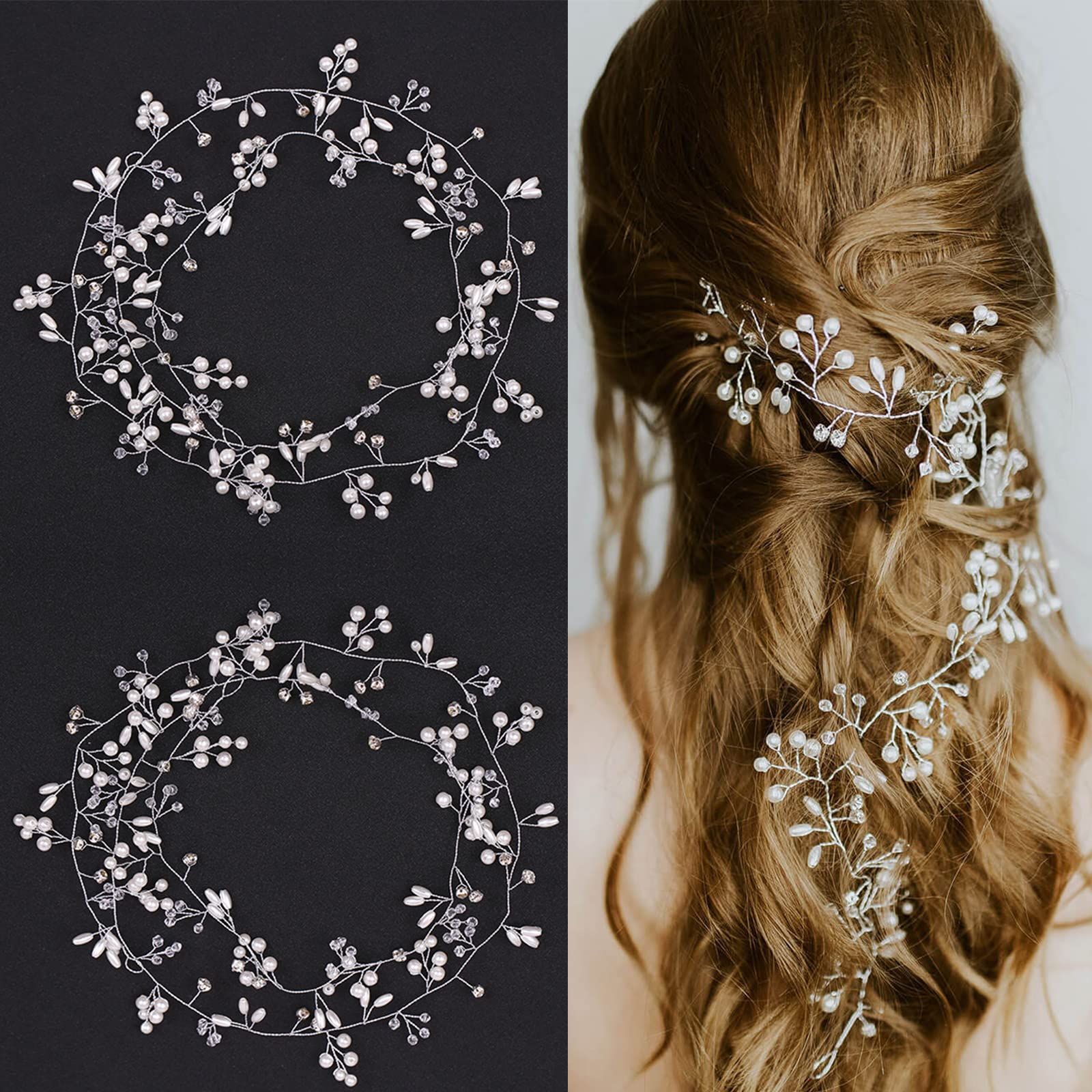 TSHAOUN 2 Pcs Bridal Hair Vines Crystals Wedding Headpieces Hairband Rhinestones Accessories, Pearl Headband for Bridesmaid Flowergirls (50cm, Silver)