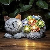 Otdair Solar Cat Decor, Birthday Gifts for Women with Succulent and 7 LED Lights, Christmas Gifts for Mom, Seniors, House Warming New Home Garden Decor for Cat Lover