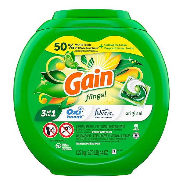 GAIN FLINGS! LAUNDRY DETERGENT SOAP PACS HE COMPATIBLE 60 CT LONG LASTING SCENT ORIGINAL SCENT
