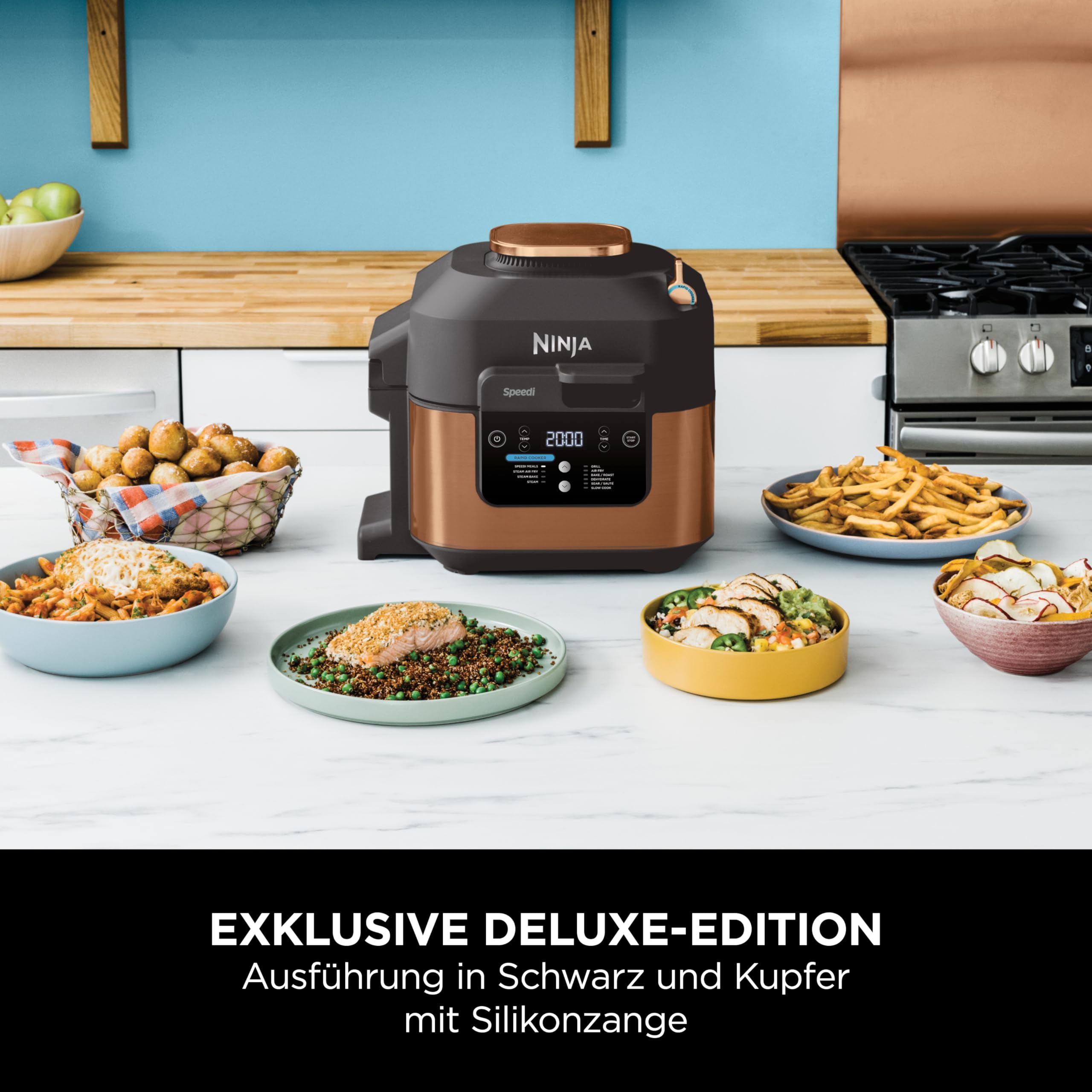 Ninja Speedi Multikocher, 5,7L, 10-in-1 Multicooker, Airfryer Heißluftfritteuse, Slow Cooker Langsamkochen, Grillen, Backen, Schwarz & Kupfer ON400EUCP 2