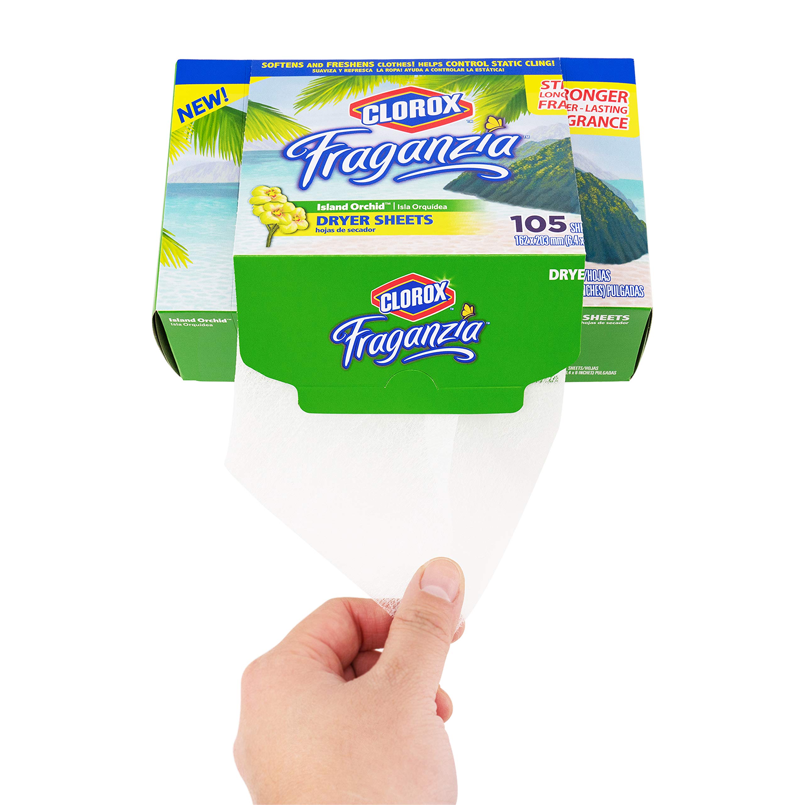 Clorox Fraganzia Fabric Softener Dryer Sheets | Scented Laundry Dryer Sheets for Great Smelling Clothes | Island Orchid Scent Laundry Sheets, 105 Count - 6 Pack