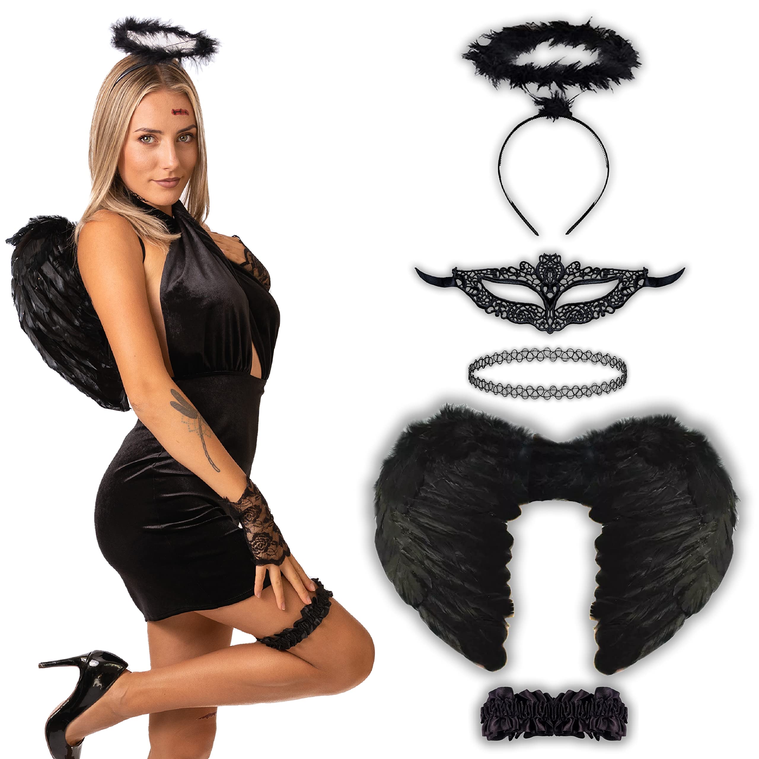 7 pcs Black Angel Costume - Halloween Costumes For Women - Adult & Teen One Size Fits All Accessories Set - 2025 Trending Fancy Dress - UK Based Brand