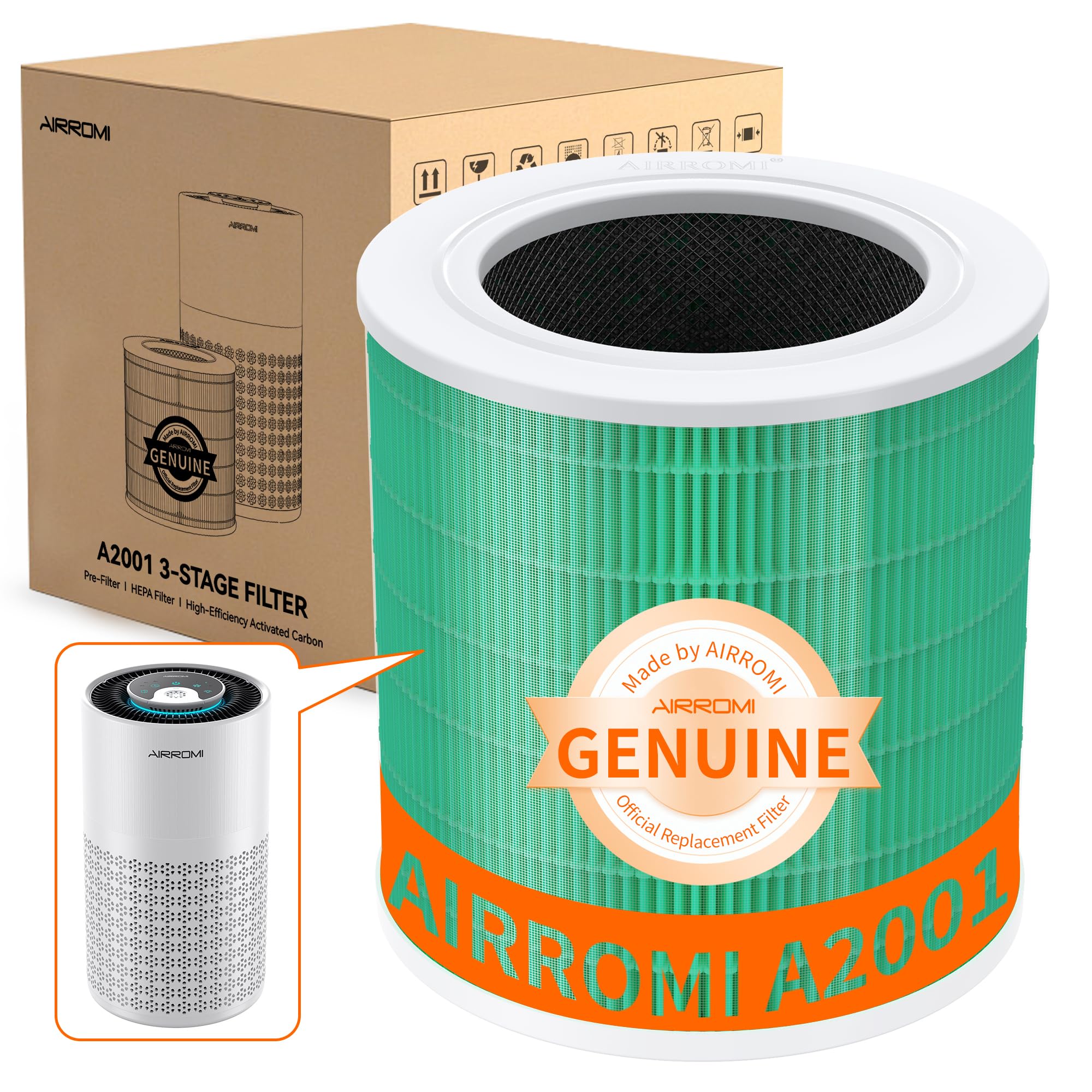 AIRROMI A2001 HEPA Air Purifier Replacement Filter, 3-In-1 Original Filter, Removes 99.97% of 0.3 Micron Particles, Green Activated Carbon Filter - Toxin Absorber Specialty-1 Pack