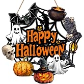 Halloween Door Decoration Wooden Ghost Wreath for Front Door Sign Pumpkin Bat Witch Wreath Hanging for Home Wall Decor Halloween Party Outdoor Indoor Supply