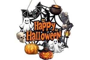 SNILOAW Halloween Door Decoration Wooden Ghost Wreath for Front Door Sign Pumpkin Bat Witch Wreath Hanging for Home Wall Decor Halloween Party Outdoor Indoor Supply