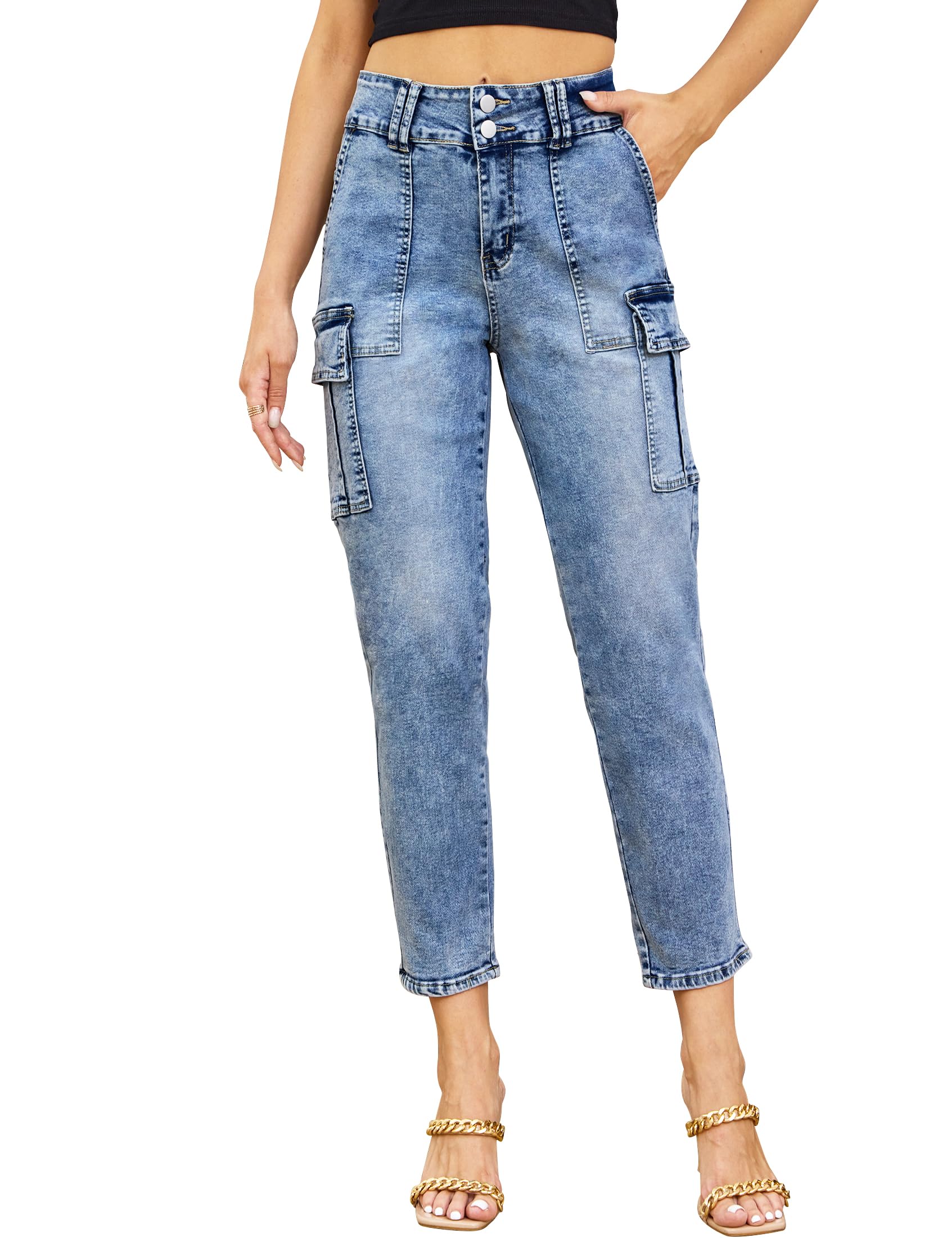 Girls' Wide Leg Cargo Jeans - High Waisted Elastic Denim Pants, Baggy Trousers With Pockets, Trendy Streetwear