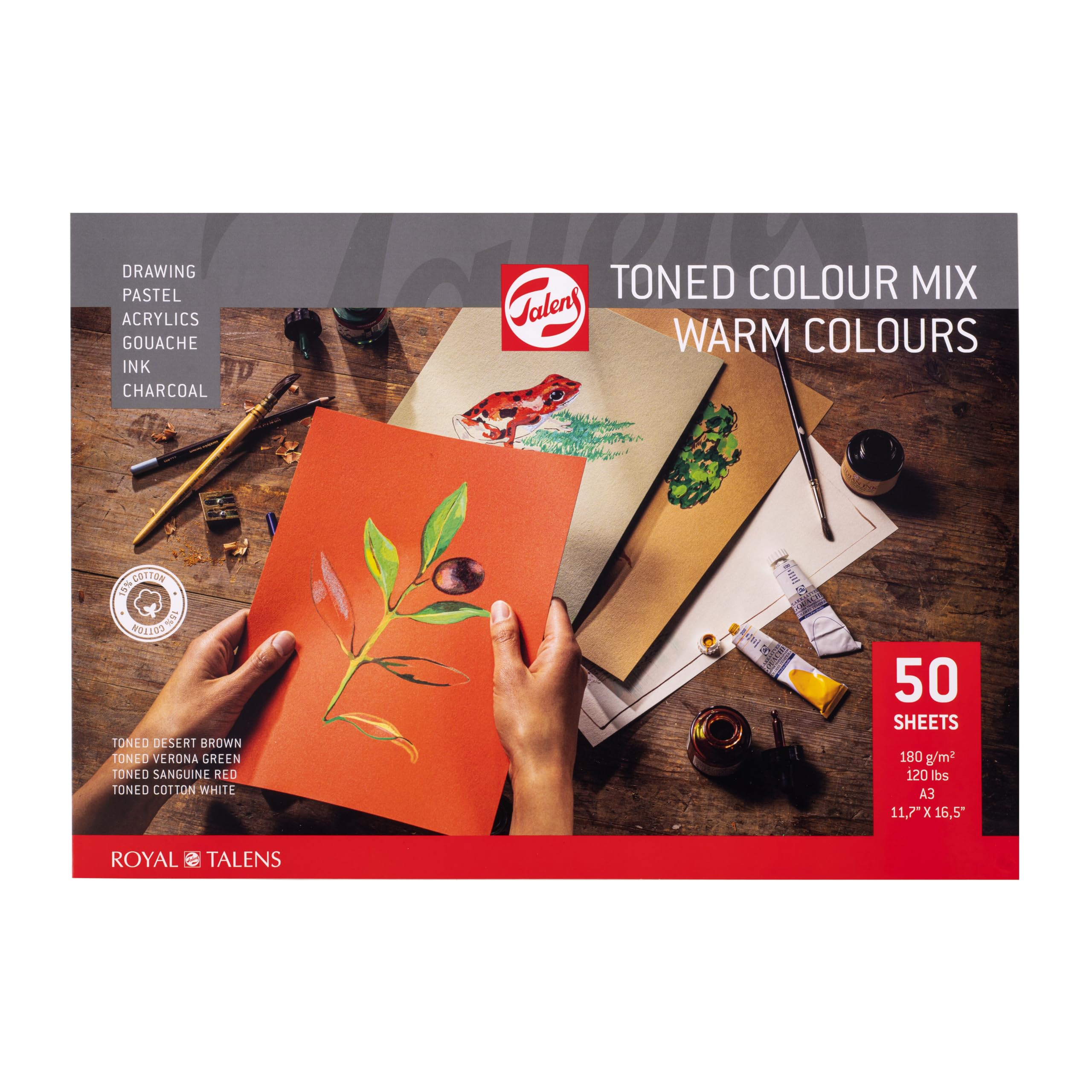 Talens Paper - Toned A3 Paper Pad 180g 50 Sheets - Warm Colour Mix with Desert Brown, Verona Green, Sanguine Red & Cotton White - Suitable for Pencils, Pastels, Gouache, Inks, Acrylics & Charcoal