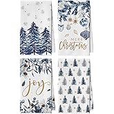 Artoid Mode Blue Xmas Tree Pinecone Christmas Bar Kitchen Towels, 12x24 Inch Quick Dry Microfiber Cloth Dish Towels for Kitchen Drying Set of 4