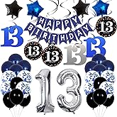 13th Birthday Decorations for Boys Dark Blue, HAPPY BIRTHDAY Banner and Silver Number 13 Balloons, Deep Blue Theme Party for Girls - 13 Years Old Birthday Party Supplies Kit for Teenager and Kids