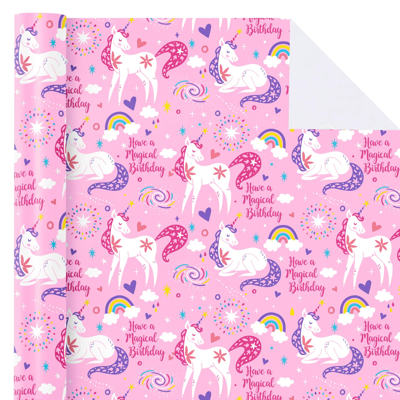 WRAPAHOLIC Pink Unicorn Birthday Wrapping Paper Roll - Mini Roll - 17 Inch x 9.8 Feet - Have a Magical Birthday Perfect for Girls, Baby Shower, Party, Holiday
