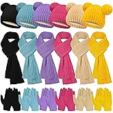 JaGely 18 Pcs Kids Knit Winter Hat Gloves Scarf Set Warm Knitted Fleece Lined Pom Pom Beanie Scarf Mittens for 5-13 Years Old
