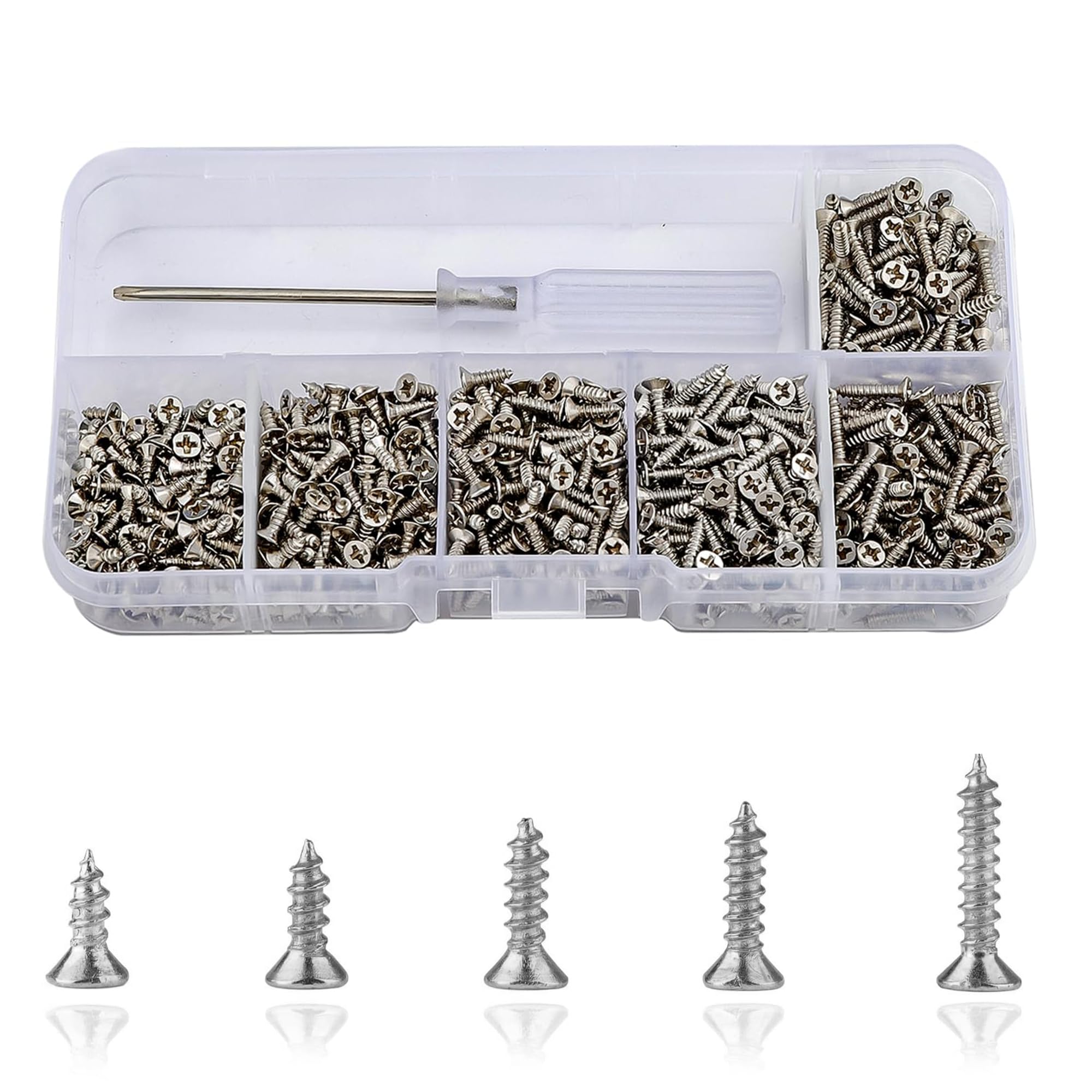Roosea 1000 Pcs M2 Small Hinge Wood Screws 5/6/7/8/10 mm Tiny Flat Head Cross Small Wood Screws with Screwdriver for DIY Hinge Drawer Accessories(Silver) — image 1