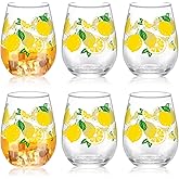 Maxcheck 6 Pcs Lemon Wine Glass Set 18 oz Summer Stemless Glasses with Yellow Lemon Designs for Summer Wedding Birthday Present Holiday Party Gift