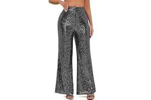 YHYJMY Womens Casual Sparkle Sequin Glitter Bling Loose Elastic High Waist Shiny Wide Leg Pants