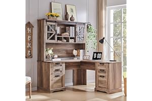 RedLemon 60" Farmhouse L Shaped Desk with Hutch, Wood Home Office Executive Desk with Drawer, Charging Station, File Drawer, Storage Cabinet, Rustic Writing Computer Desk (Rustic Natural Oak)
