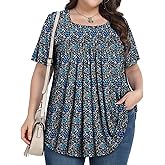 PEVRL Plus Size Tops for Women Summer 2026 Short Sleeve Shirts Tunics Square Neck Casual Loose Blouses 1X-5X