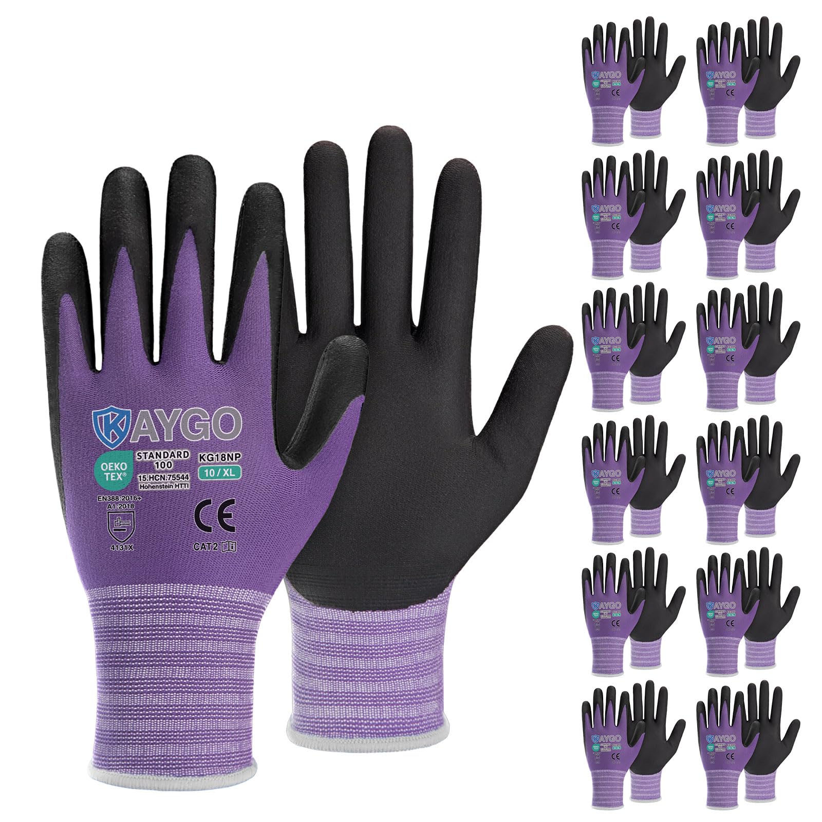 KAYGO Safety Work Gloves MicroFoam Nitrile Coated, 12 Pairs KG18NB,Seamless Knit Nylon Glove for Men and Women, Ideal for Automotive,Warehouse,Construction (XL, Purple) Image KAYGO Safety Work Gloves MicroFoam Nitrile Coated, 12 Pairs KG18NB,Seamless Knit Nylon Glove for Men and Women, Ideal for Automotive,Warehouse,Construction (XL, Purple) Image