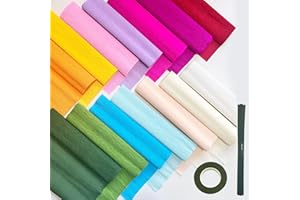 65pcs Crepe Paper Flower DIY Kits, 14 Rolls Rainbow Colors Crepe Paper Rolls 8ft Long 10 Inch Wide, 50 Pcs Green Floral Iron 