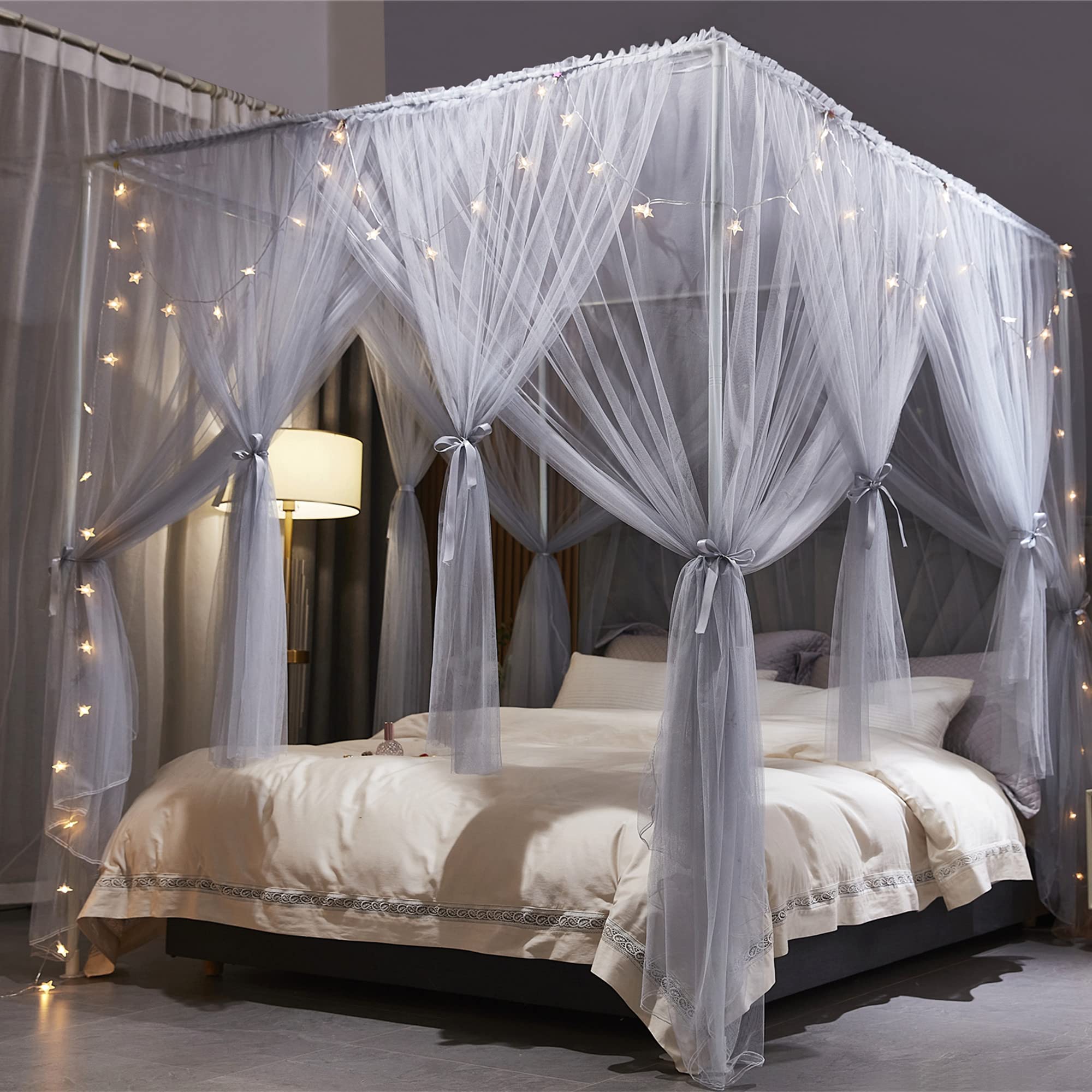 Photo 1 of VETHIN 4 Corners Post Princess Bed Canopy Curtain Double Layer Cozy Drape Netting 4 Opening Mosquito Net for Girls & Adults Bedroom Decoration Accessories (Double Gray, 53" W*78" L*82"*H/(Full))