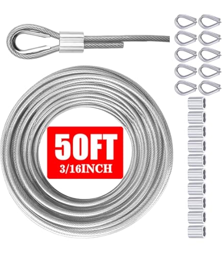 3mm Vinyl Coated Wire Cable 16 FT Stainless Steel Rope With Clamp Clips For Outdoor String Lights Hanging Kit,3mm X 16ft Long Black