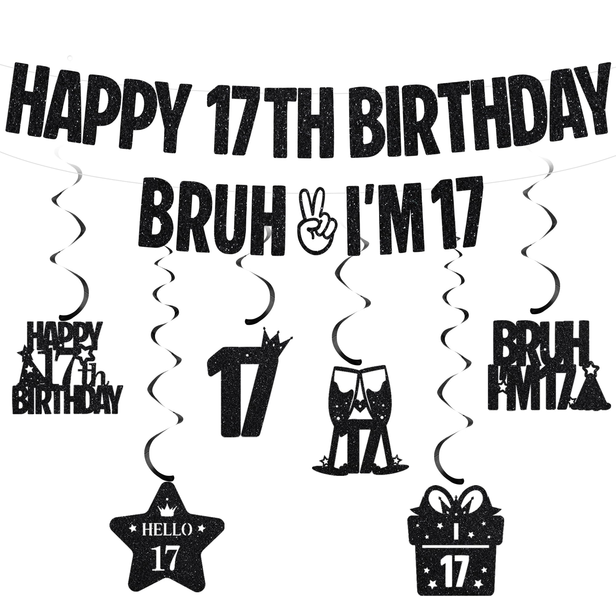 Happy 17th Birthday Banner Decorations - Glitter Bruh I’m 17 Banners with Hanging Swirls, Black Funny Birthday Party Supplies for Boys and Girls