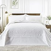 SUCHBED California King Bedspread Set Oversized King Bedspreads 128x120 inches Cal King Quilt Bedding Set Extra Wide King Quilt 3-Piece Ultrasonic Paisley Quilt White Coverlet Sets with Shams