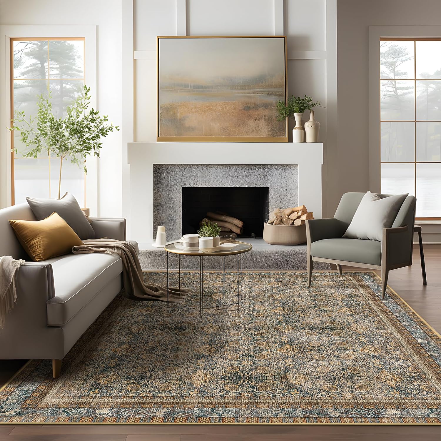 Rugs, Pads & Protectors - Phantoscope Vintage Collection Area Rug 5'x7' for Living Room - Washable Rug Large Boho Carpet Non-Slip for Bedroom Dining Room, Indoor Low-Pile Neutral Distressed Accent Rug, Charcoal/Taupe