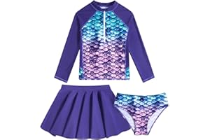 VIEILLE Girls Swimsuit 3-Piece Zipper Rash Guard UPF 50+ Long Sleeve Skirt Set Bathing Suit Size 6-12 Years