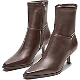 Atsroel Womens Brown Suede Fall Boots with Side Zip, Ankle, Mid Calf, Pointed Toe, Kitten Heel, Dressy, Short Boots
