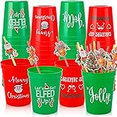 Ainibar 24 Pack Christmas Plastic Party Cups - 16oz Red & Green Stadium Cups with 24 Paper Straws, Festive Drinking Pun Designs for Holiday Celebrations
