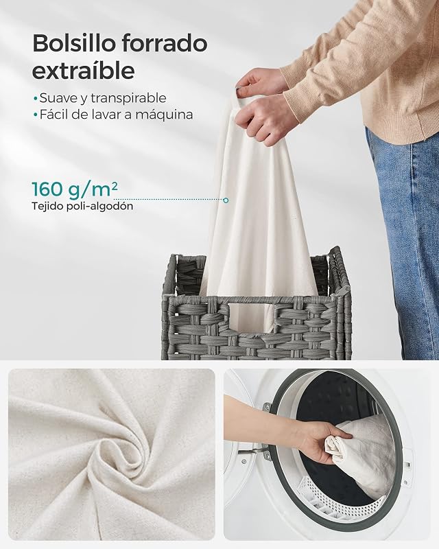 Cesto de Ropa Sucia, 90 L, Ratán Sintético, con Tapa, Plegable