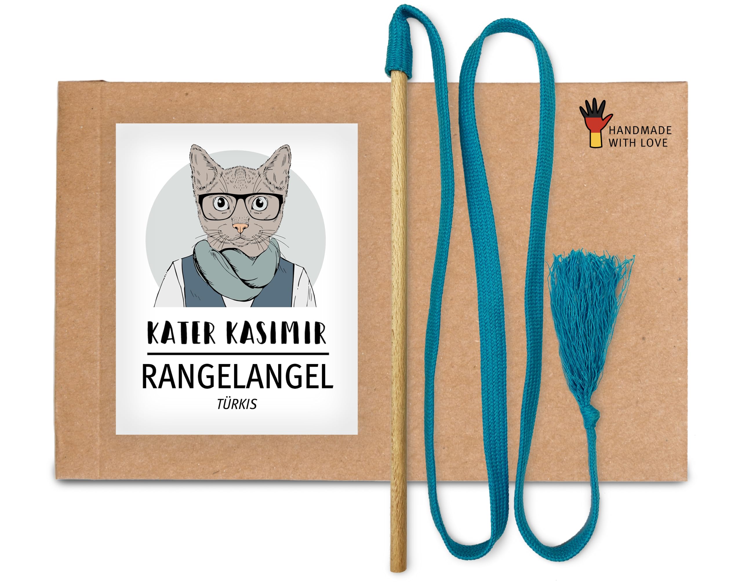 Kater Kasimir The RANGELANGEL: Our cat fishing rod with beech wood rod and turquoise cotton ribbon. Handmade and lovingly made in Germany sustainable cat toy