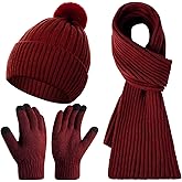Silicherry 3 Pcs Winter Beanie Hat Scarf Gloves Set for Women Men, Knit Hats Pom Warm Long Scarf Touchscreen Gloves