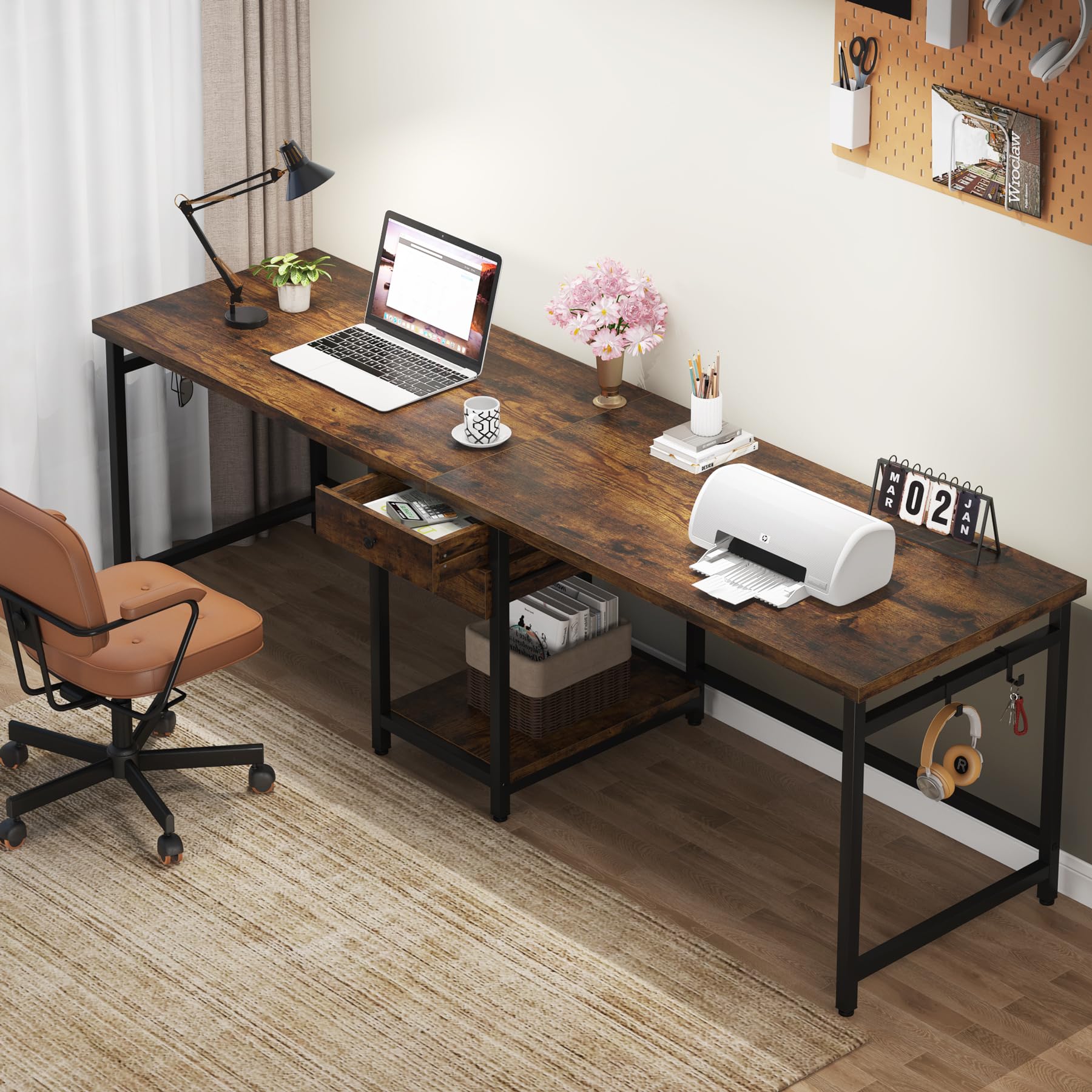 Photo 1 of ***MAJOR DAMAGE - CORNER BROKEN - SEE PICTURE***
Tribesigns Two Person Desk, 79 Inch Double Desk with 2 Drawers, Large Computer Desk Long Desks with Storage Shelves, Writing Table Study Desk for Home Office, Rustic Brown (NY001)