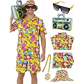JQAKFIY 80s 90s Outfit for Men Hip Hop Costume Men's Hawaiian Shirt ande Short Set Rapper Cosplay Halloween with Accessories