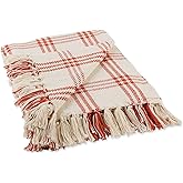 DII Modern Farmhouse Plaid Collection Cotton Fringe Throw Blanket, 50x60, White/Vintage Red