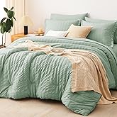 CozyLux Queen Comforter Set Sage Green Seersucker 7 Pieces Bed in a Bag Queen Comforter Set with Sheets Luxury Soft Bedding Set with Down Alternative Comforter, Sheets, Pillowcases & Shams All Season