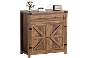 YESHOMY Coffee Bar and Accent Cabinet, Farmhouse Barn Door Buffet Sideboard with Drawer and Adjustable Shelf, Wide Desktop for Kitchen, Dining Room, Bathroom, Entryway, Brown
