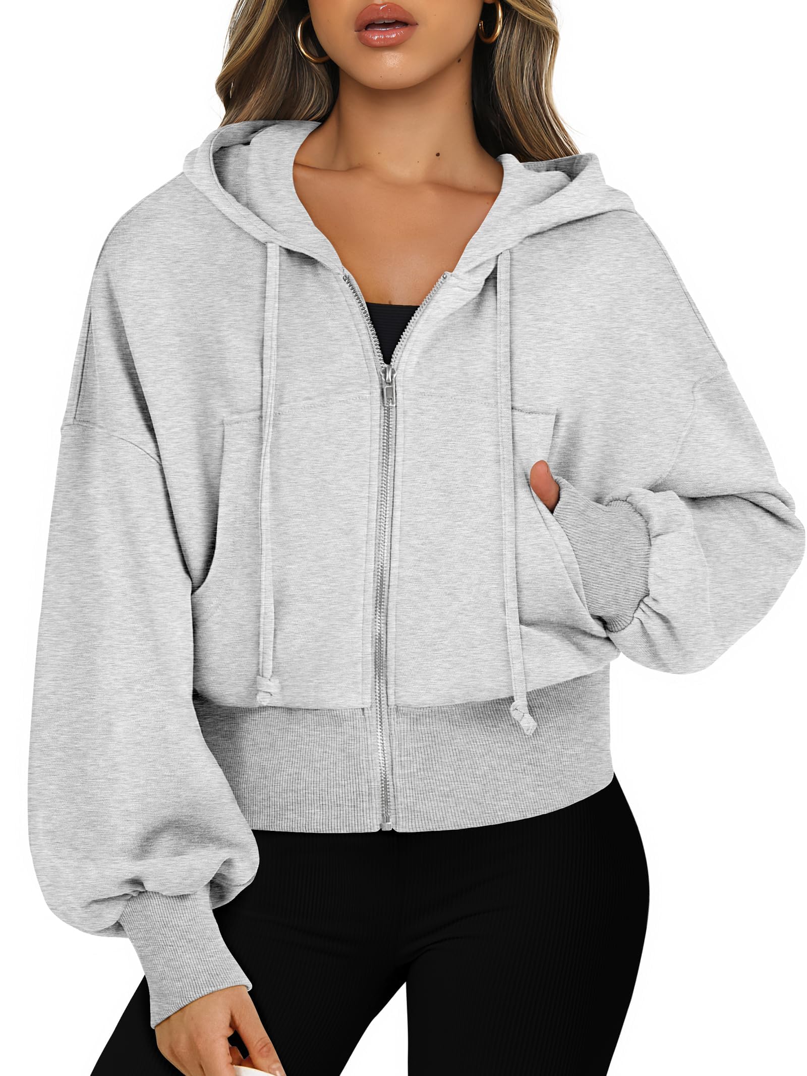 ANRABESS Womens Zip Up Hoodies Cropped Sweatshirts Casual Comfy Cute Zip Jackets Fashion Trendy Fall Outfits 2025 Y2K Clothes Grey Large Image