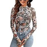 DLAYBGFA Lace Long Sleeve Floral Mesh Top Mockneck Going Out Tops for Women Trendy Undershirt Fashion Outfits