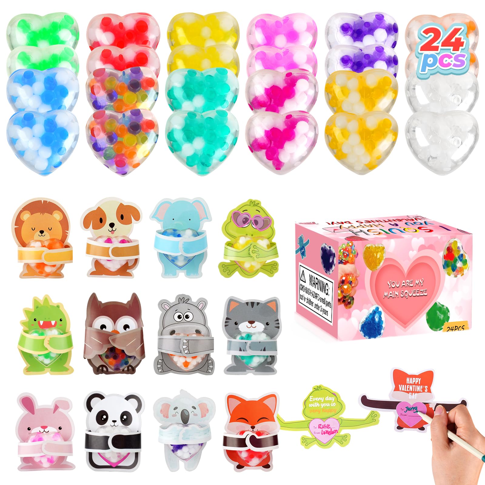 Photo 1 of 24Packs Valentines Day Heart Stress Balls with Cards,Squishy Squeeze Balls Bulk Fidget Toys for Adults,Stress Relief Balls,Classroom Exchange