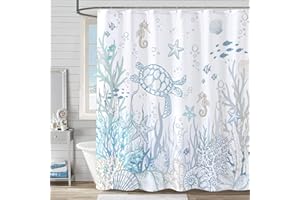 Lifeella Nautical Coastal Turtle Shower Curtain, Coral Starfish Seashell Ocean Themed Bathroom Curtain, Underwater Seahorse Bathroom Decor Blue 72 x 72 inch