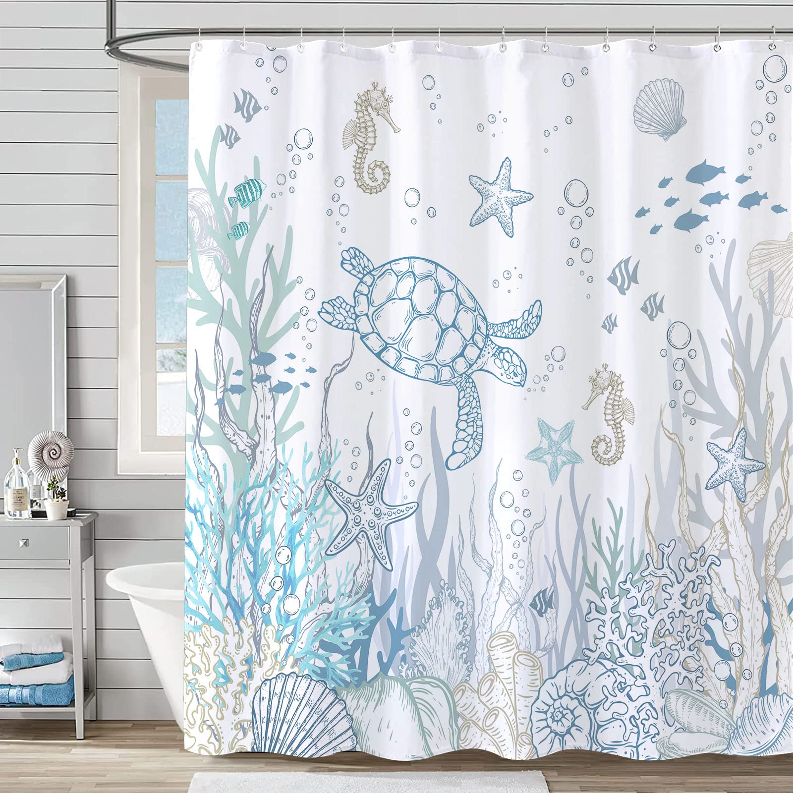 Nautical Coastal Turtle Shower Curtain, Coral Stars Seashell Ocean Theme Bathroom Curtain, Underwater Seahorse Bathroom Decor, Blue, 180 x 180 cm