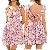 HTZMO Women Summer Floral Short Sundress V Neck Ruffle Bow Tie Sexy Backless A Line Flowy Cute Casual Beach Mini Dress 2025