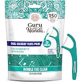 GuruNanda Dual Slickers Floss Picks - Double Threaded Dyneema Dental Floss with Foldable Toothpick for Effective Plaque Removal - Unflavored- 150 Ct