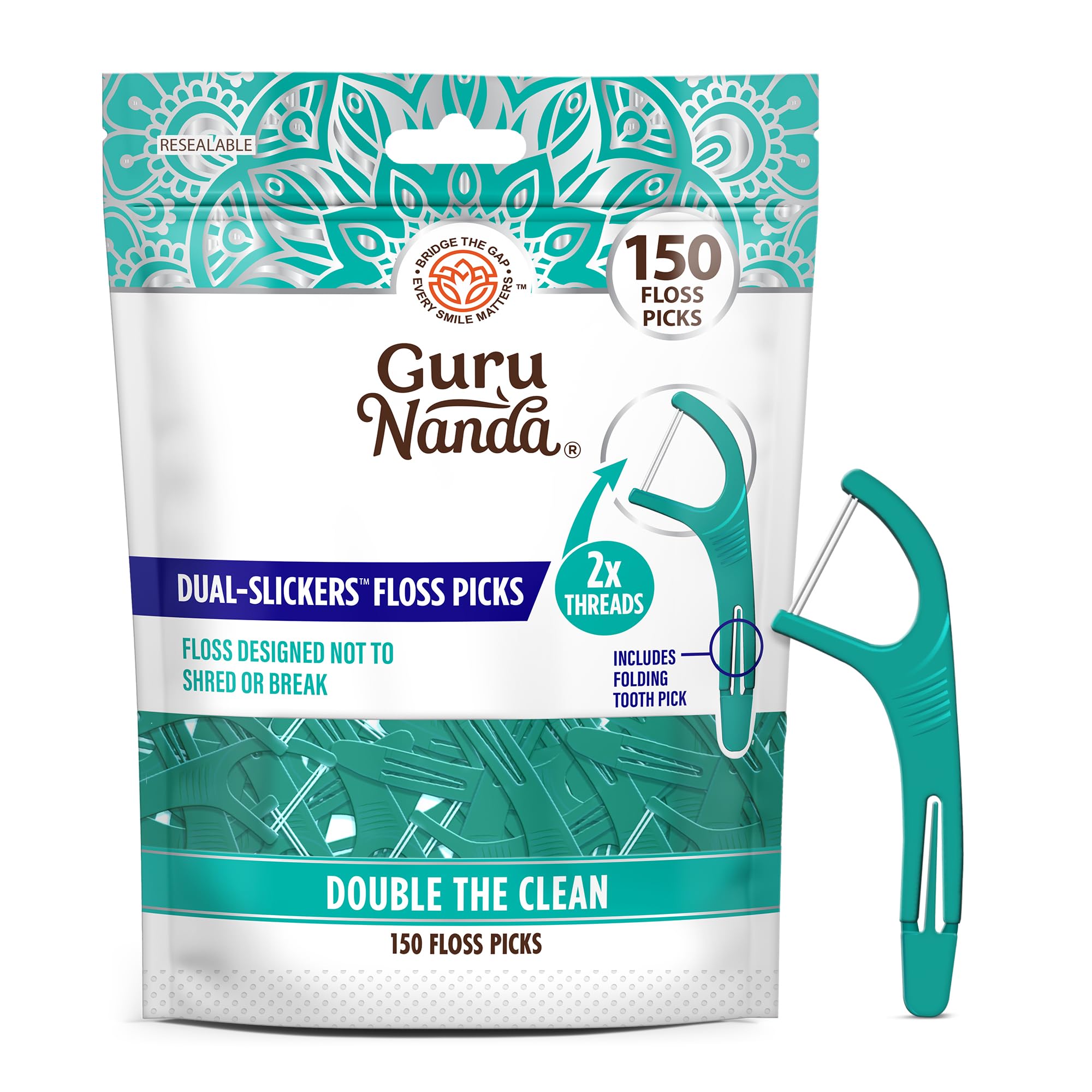 GuruNanda Dual Slickers Floss Picks - Double Threaded Dyneema Dental Floss with Foldable Toothpick for Effective Plaque Removal - Unflavored- 150 Ct