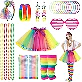 80s Costume Neon Outfits Accessories Set Women Fancy Dress Rainbow Tutu Leg Glove Necklace Headband Earring Glasses