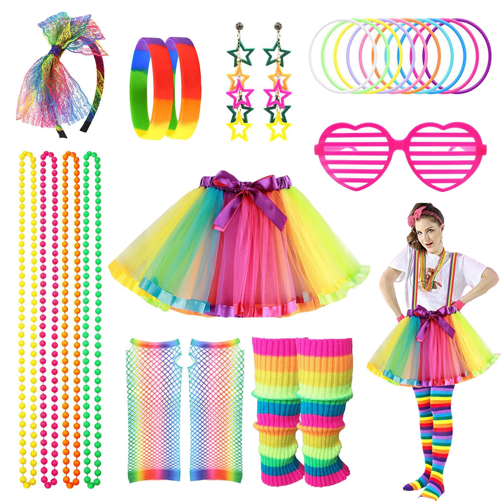 Photo 1 of 80s Costume Neon Outfits Accessories Set Women Fancy Dress Rainbow Tutu Leg Glove Necklace Headband Earring Glasses