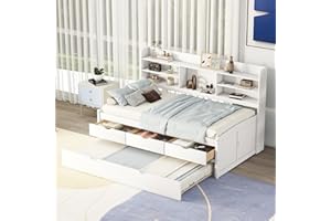 Harper & Bright Designs Twin Captain's Bed with Trundle and 3 Storage Drawers, Wooden Twin Size Daybed with Trundle and Built-in Bookshelves for Girls Boys,White Wash