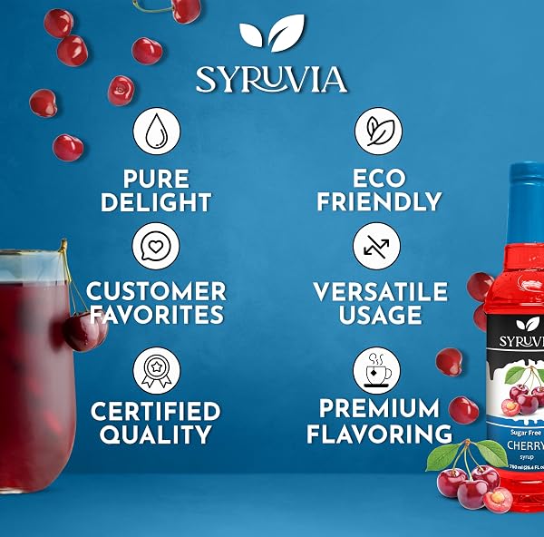 SYRUVIA SUGAR-FREE CHERRY SYRUP, FLAVORED SYRUP FOR DRINKS, COCKTAILS, LEMONADES, ICED TEAS, AND DESSERTS – 25.4 FL OZ